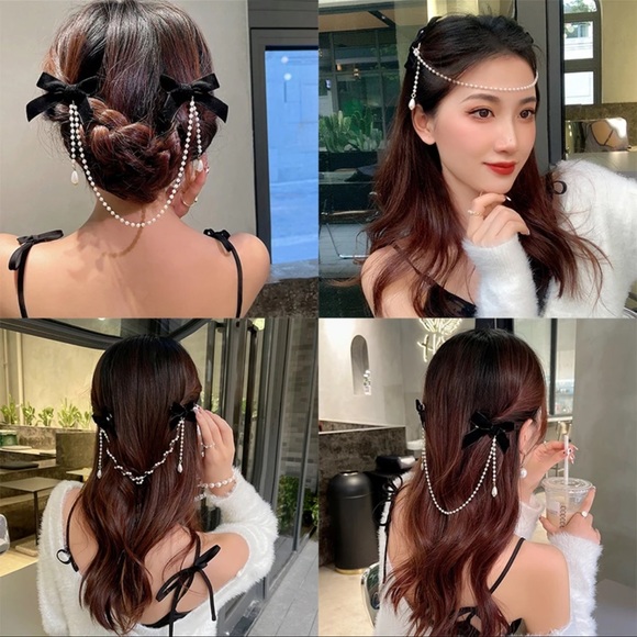 AWAYTR Tassel Elegant Vintage Bow Pearl Chain Hairpins Sweet Hair Decorate - Picture 2 of 16